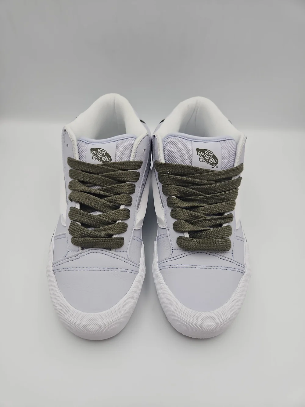 Vans Mid-Top Sneakers in Light Gray/Blue, White and Olive Green